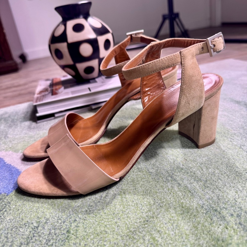 Aquatalia Tan Suede Patent Leather Block Heel Ankle Strap Sandals Italy 9.5